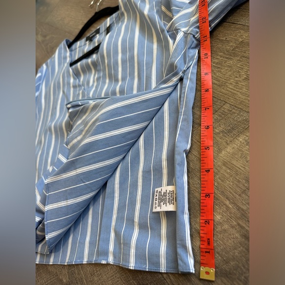 Theory Quincy Striped Faux Wrap Long-Sleeve Top - Blue & White Striped - Large - Picture 10 of 17